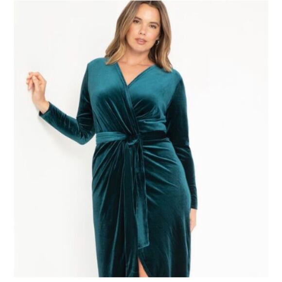NWT Eloquii Velvet Cocktail Wrap Dress With Tie Hi Low Hem Emerald Green Size 20 - Picture 3 of 13